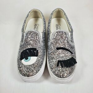 Chiara Ferragni Flirting Winking Glitter Silver Sneakers EU Sz 36, US Sz 5.5